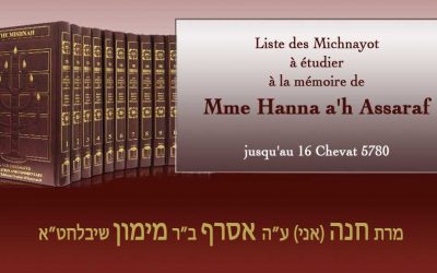Liste des Michnayot à étudier à la mémoire de Mme Hanna a&rsquo;h Assaraf jusqu&rsquo;au 16 Chevat 5780