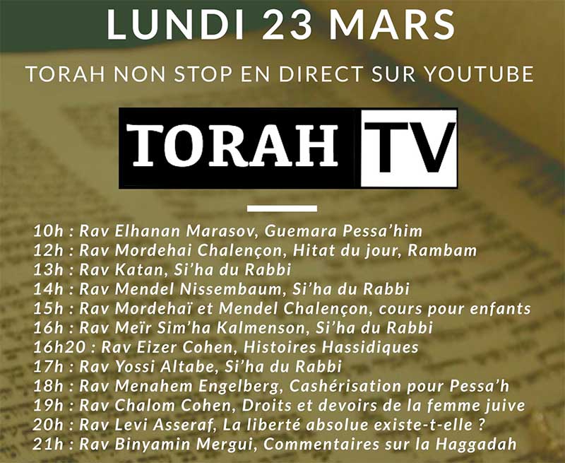 Période de confinement : Diffusion de cours en direct sur Torah Tv, lundi 23 mars
