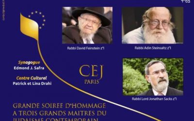 Hommage à trois grands maîtres du judaïsme contemporain : Rav David Feinstein z’l, Rav Adin Steinsatz z’l, Rav Lord Jonathan Sacks z’l