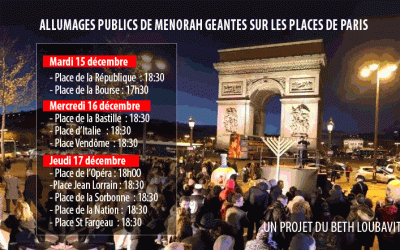 Ce soir : Allumages publics de Ménorah géantes Place de la Bastille, Place d’Italie et Place Vendôme