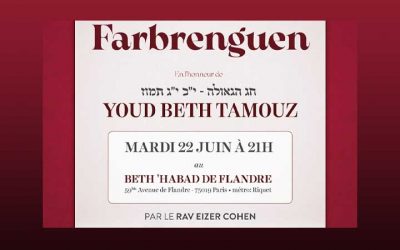 EN DIRECT : Farbrenguen de Youd Beth Tamouz avec le Rav Eizer Cohen au Beth Habad de Flandre