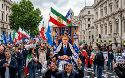 Des Iraniens dans les rues de Londres brandissent une pancarte représentant Benyamin Netanyahou coiffé d&rsquo;une couronne royale