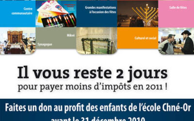 A l'occasion de la Hilloula de Rabbi Chnéor Zalman vendredi 24 Tevet 5771, 31 décembre 2010, soutenons l'école Chnéor!