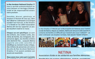NETINA : L'association d'aide aux familles démunies fondée par le Rav Nethanael Dreyfus ע"ה